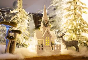 Karácsonyi templom LED világítással, fehér, fa, ODETTA