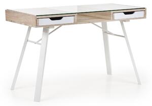 Íróasztal 2 Fiókkal, Üveg, MDF és Fém, B-33 Sonoma Tölgy / Fehér, H120xSz60xM76 cm