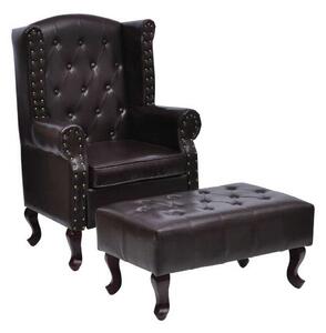 Chesterfield Műbőr Fotel Lábzsámollyal - Antik Barna
