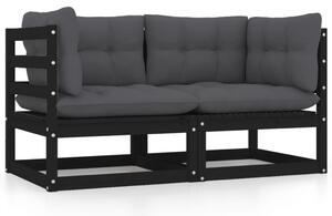 Kétszemélyes fekete tömör fenyőfa kerti kanapé párnákkal