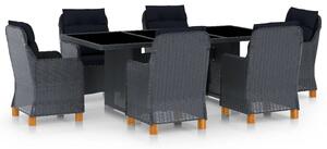 7 részes sötétszürke polyrattan kültéri étkezőszett párnákkal