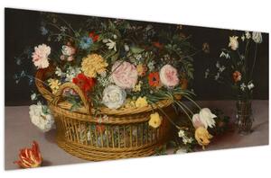 Kép - Jan Brueghel the Elder, Flowers in a Basket and a Vase, reprodukciók (120x50 cm)