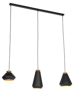 Modern függesztett lámpa 3-világos fekete, arany rúddal - Mia