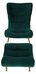 KONDELA Fotel lábtartóval, zöld Velvet szövet/kaucsukfa, KIRILO