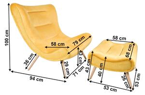KONDELA Fotel lábtartóval, sárga Velvet szövet/kaucsukfa, KIRILO