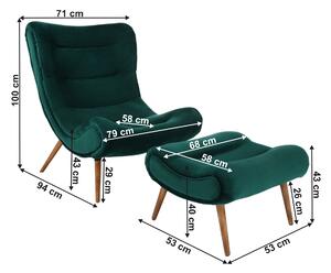 KONDELA Fotel lábtartóval, zöld Velvet szövet/kaucsukfa, KIRILO