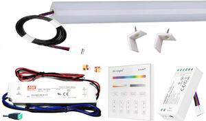 50cm-es 10 Wattos, 12 Voltos RGBNW LED, opál, alu negyed íves sarok profilban, fix tápegységgel, 4-zónás B4 RF fali távirányítós vezérlővel (30db 5050 SMD LED)