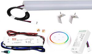 50cm-es 10 Wattos, 12 Voltos RGBNW LED, opál, alu negyed íves sarok profilban, fix tápegységgel, 1-zónás S2-W RF fali távirányítós vezérlővel (30db 5050 SMD LED)
