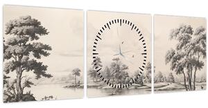 Kép - Vintage tájkép rajz (órával) (90x30 cm)