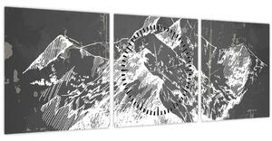 Kép - Hegyek illusztrációja (órával) (90x30 cm)