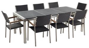 Nyolcszemélyes fekete osztott asztallapú étkezőasztal fekete rattanszékekkel GROSSETO