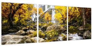 Kép - Vízesések őszi tájban, sárga (órával) (90x30 cm)