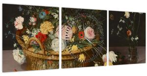 Kép - Jan Brueghel the Elder, Flowers in a Basket and a Vase, reprodukciók (órával) (90x30 cm)