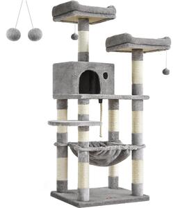 Macska kaparófa, cicaházzal, plüss pihenőhelyekkel, szürke 143x55x45cm