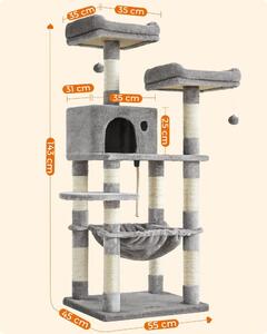 Macska kaparófa, cicaházzal, plüss pihenőhelyekkel, szürke 143x55x45cm