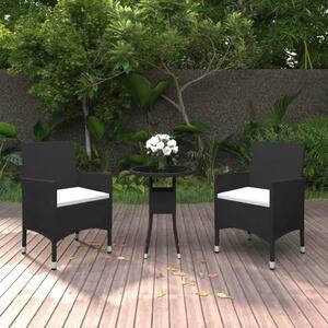 3 részes fekete polyrattan és edzett üveg kerti bisztrószett