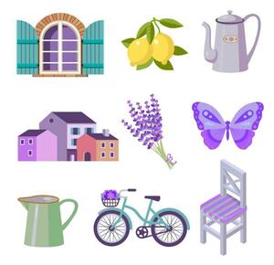 Illusztráció set of color flat vector icons for Provence travel, kukurikov