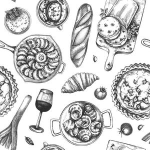 Illusztráció French food seamless pattern, Ievgeniia Lytvynovych, (40 x 40 cm)