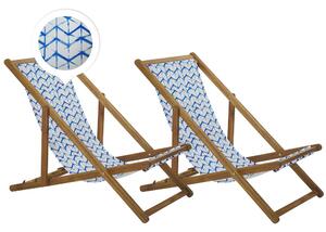 Világos akácfa napozószék kétdarabos szettben fehér/kék üléshuzattal ANZIO