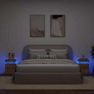 2 db kézműves tölgy szerelt fa LED-es éjjeliszekrény 35x39x55cm