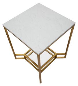 Fém és Üveg Dohányzóasztal, Double Marble Fehér / Arany, H47xSz47xM60 cm
