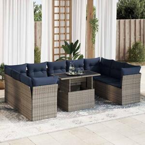 10 részes szürke polyrattan akácfa kerti ülőgarnitúra párnákkal