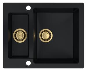 SINK Quality Mosogató Quality Ferrum, konyhai gránit mosogató 605x495x210 mm + arany szifon, fekete, SKQ-FER.C.5KBO.XG
