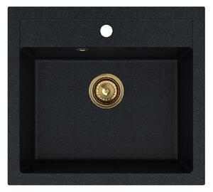 SINK Quality Mosogató Quality Ferrum, konyhai gránit mosogató 565x510x205 mm + arany szifon, fekete foltos-Brocade, SKQ-FER.B.1K60.XG