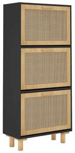 Rattan Cipőtartó Szekrény - Fekete Fa - 3 Fiókos - 52x25x115cm