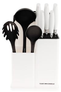 TEMPO-KONDELA KAHON, kés- és konyhai eszköz készlet, 10 db, állvánnyal, fehér