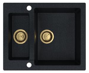 SINK Quality Mosogató Quality Ferrum, konyhai gránit mosogató 605x495x210 mm + arany szifon, fekete foltos-BROKÁD, SKQ-FER.B.5KBO.XG