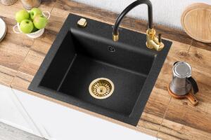 Invena Tesalia, 1 kamrás gránit mosogató 440x480x160 mm és Glamour mosogató csaptelep, fekete-arany, INV-AZ-01-Z41-SET