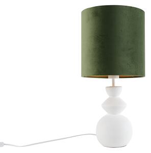 Design asztali lámpa fehér bársony árnyékolóval, zöld aranyozással 25 cm - Alisia