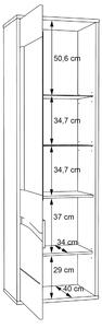 Forgácslap Vitrin Szekrény, 1 Ajtóval és LED Világítással, Wafi Medium Tölgy / Fehér, Sz59,8xM42xM198,3 cm