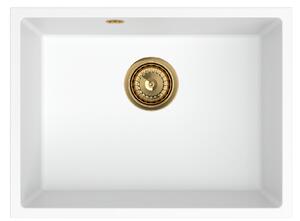 SINK Quality Mosogató minőségi Crypton 60, konyhai gránit mosogató 535x400x205 mm + arany szifon, fehér, SKQ-CRY.W.1KBO.60.XG