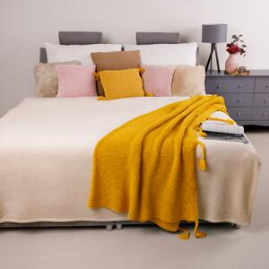 TEMPO-KONDELA KALANE, luxus kötött takaró bojttal, mustár színű, 150x200 cm