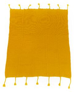 TEMPO-KONDELA KALANE, luxus kötött takaró bojttal, mustár színű, 150x200 cm