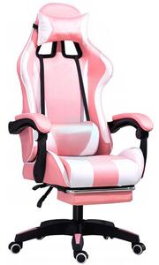 Kényelmes gamer szék rózsaszín-fehér masszázspárnával