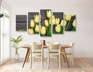 5 részes kép csodálatos sárga tulipánok fa felületen