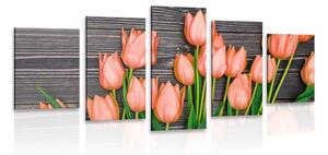 5 részes kép elbűvölő narancssárga tulipánok fa felületen