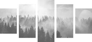 5 részes kép köd az erdő fölött fekete fehérben