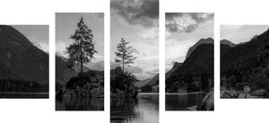 5 részes kép táj a tó mellet fekete fehérben
