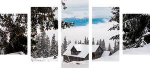 5 részes kép fa házikó havas erdőben