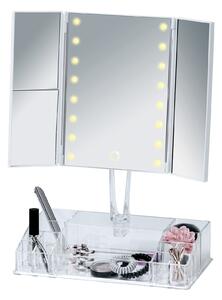 Fanano Asztali Kozmetikai Tükör, LED Világítással és Műanyag Rendszerezővel, Átlátszó, H34,5xSz16,5xM39 cm