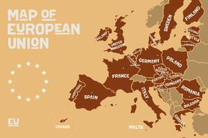 Kép oktatási térkép az Európai Unió országainak nevével barna színben