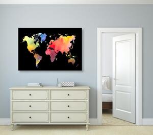 Kép világ térkép vízfestmény kivitelben fekete alapon