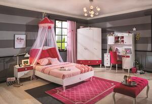 Hálószoba Bútor Szett Lányoknak és Tiniknek, Forgácslap, 5 darab Yakut Fehér / Sötét Rózsaszín
