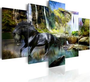 Vászonkép - Black horse on the background of paradise waterfall