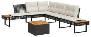 2 részes fekete polyrattan/akácfa kerti kanapészett párnákkal