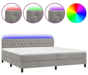 Világosszürke bársony rugós és led-es ágy matraccal 200x200 cm